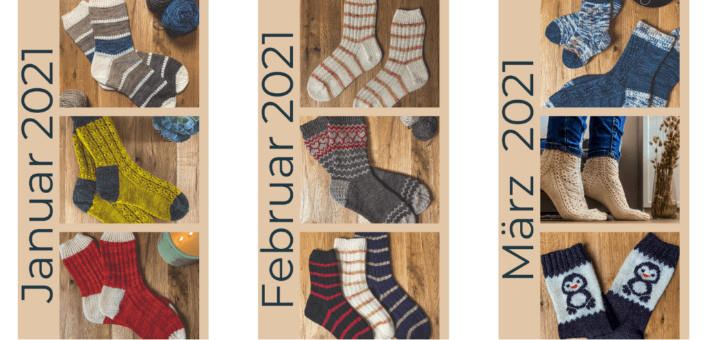 Eine Collage gestrickter Socken in verschiedenen Farben und Mustern